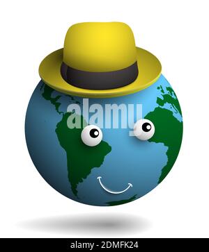 kind happy planet earth in a yellow tourist hat. Good mood. Time to rest and travel. Caring for the ecology of the planet. Realistic vector Stock Vektor