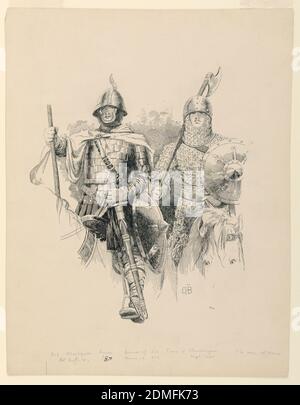 Rüstung von 800. Time of Charlemagne', Edwin Howland Blashfield, Amerikaner, 1848–1936, Bleistift und Stift und schwarze Tinte auf steifem cremefarbenem Papier, zwei gepanzerte Ritter sind frontal zu sehen, rittieren ihre Pferde., USA, 1887, Figuren, Zeichnung Stockfoto