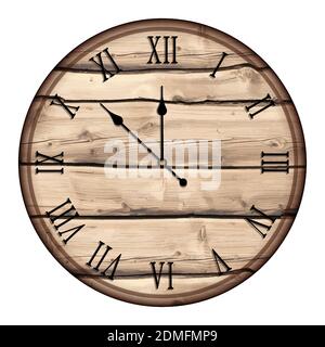 Mechanische Wanduhr mit rundem Holzzifferblatt und römischen Ziffern. Messzeit. Countdown ins neue Jahr 2021. Realistischer Vektor auf weißem Hintergrund Stock Vektor