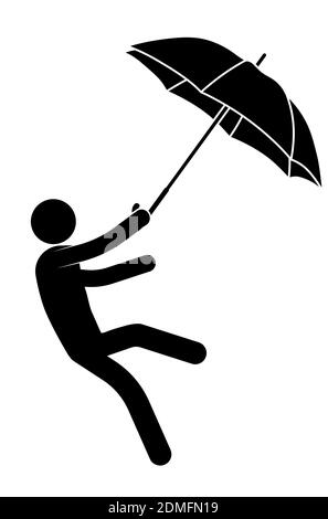 Stockmann, Person mit einem Regenschirm wird von einem starken Wind getragen, er kann nicht auf seinen Füßen bleiben. Gesundheitsschutz bei schlechtem Regenwetter. Vektor auf weißem BA Stock Vektor