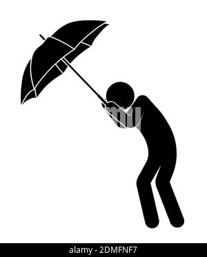 Stick Mann, Person mit einem Regenschirm ist vor starkem Wind und schlechtem Wetter geschützt, kann nicht auf den Füßen bleiben. Gesundheitsschutz bei schlechtem Regenwetter. Vec Stock Vektor
