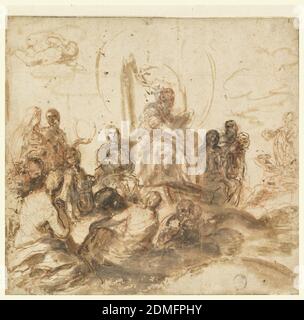 Entwurf für Allegorie der Göttlichen Weisheit, Empfangsraum, Palazzo Barberini, Rom, Italien, Andrea Sacchi, Italienisch, 1599 – 1661, Pinsel und Braunwäsche, Feder und braune Tinte, rote, schwarze und weiße Kreide auf cremefarbenem Papier, Entwurf für ein Deckengemälde. In der Mitte sitzt eine Figur über einer Gruppe von anderen Figuren, die alle auf die erhöhte Figur fokussiert zu sein scheinen. Links zwei weibliche Formen. Oben links, Putti vorgeschlagen., Rom, Italien, 1629–1631, Figuren, Zeichnung Stockfoto