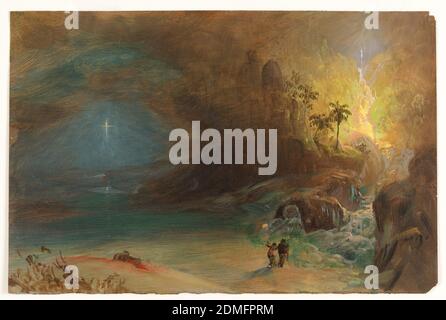 Studie für 'Apotheose an Thomas Cole', Frederic Edwin Church, Amerikaner, 1826–1900, Pinsel und Ölfarbe auf Papierlaminat, Recto: Horizontale Ansicht von zwei Figuren, unten rechts, die ein beleuchtetes Kreuz oder Stern in der Dunkelheit beobachten, links, als ein Bach von felsigen Felsnadeln abstürzt, in der Mitte des Mittelgrundes, vorbei an zwei Palmen, um mit einem See auf der rechten Seite zu verschmelzen., Verso: Skizzen für einen Rahmen [?], einige Schreiben., USA, ca. 1847, Landschaften, Zeichnung Stockfoto