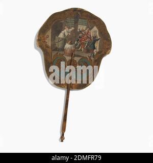 Handscreen, Painted paper leaf, turned wood handle, Handscreen with hand-painted paper leaf and turned wood handle. Obverse: rustic interior scene showing a bearded man with a pot on his head emerging from a large cooking vessel before a group of men; two women observe from the window. Reverse: paper painted with flowers, with three applied engravings with French text., Paris, France, 18th century, costume & accessories, Handscreen Stock Photo