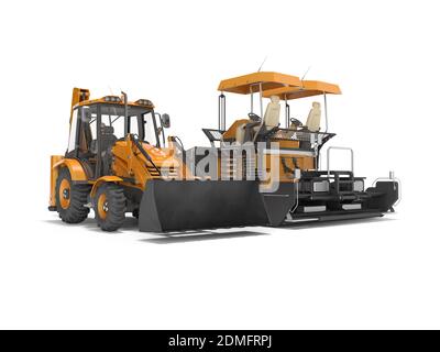 Orange Rädern Traktor vor und Asphalt Spreizer Maschine Rückseite 3D-Rendering auf weißem Hintergrund mit Schatten Stockfoto