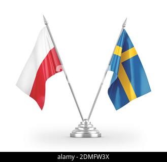 Schweden und Polen Tischflags isoliert auf weißem 3D-Rendering Stockfoto