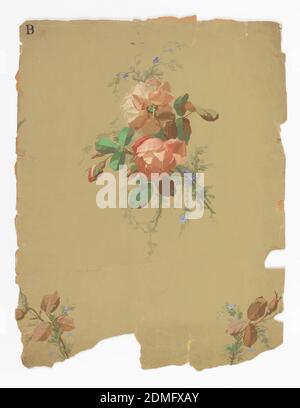 Sidewall, A. Fassler, Blockdruck auf Papier, auf Khaki-Boden, isolierte Zweige pfirsichfarbener Rosen., Frankreich, 1855–1900, Wallcoverings, Sidewall Stockfoto