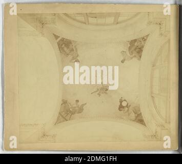 View of the Decoration of a Dome for the Manufacturers and Liberal Arts Building of the World's Columbian Exposition, Chicago, J. Carroll Beckwith, American, 1852–1917, Printed on sensitized paper, The theme is 'Communication.' Center, Ariel holds burst of lightning. At corners, four figures symbolizing Telephone, Telegraphy, Electricity and Solar Power., USA, 1892, architecture, interiors, Photograph, Photograph Stock Photo