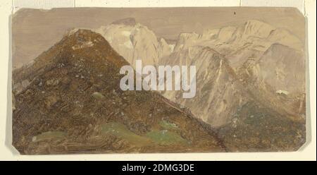 Alpine Landscape (wahrscheinlich Schweiz), Frederic Edwin Church, American, 1826–1900, Bleistift, Ölfarbe auf Karton, Blick auf Berggipfel mit Schneespalten im Hintergrund. Im linken Vordergrund erhebt sich ein kegelförmiger Hügel., USA, 1868, Landschaften, Zeichnung Stockfoto