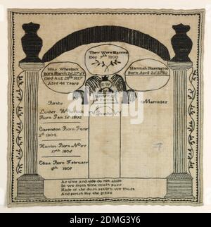 Familienregister, Eliza Wheelock, amerikanisch, Medium: Leinen, Wolle. Technik: Gestickt in Satin, Stiel, Kette und anderen Stichen, gestickt in Schwarz, eine Aufzeichnung der Familie von Silas Wheelock (1769-1817) und Hannah Harrington (1782-?), mit Säulen für die Geburten, Hochzeiten und Todesfälle ihrer Kinder, in einem Rahmen von Säulen, die von Urnen überragt. Weinende Weiden auf beiden Seiten der Inschrift:, EW in Erinnerung an ein Elternteil, am unteren Rand, ein Vers:, wie Zeit und Flut nicht bleiben, so müssen wir von der Zeit vergehen, aus dem Staub gemacht zurückkehren müssen wir, und wie das Gras zugrunde gehen, USA, 1817, Stickerei Stockfoto