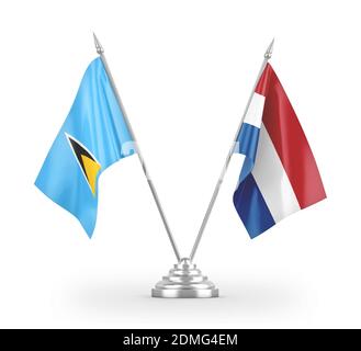 Netherlands and Saint Lucia table flags isolated on white 3D rendering Stock Photo