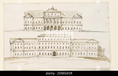 Zwei Erhebungen des zentralen Teils eines Palastes, Giuseppe Barberi, italienisch, 1746–1809, Feder und braune Tinte, Pinsel und braune Wäsche auf weißem Büttenpapier, gefüttert, zwei Erhebungen von Fassaden für ein Palastgebäude. Oben eine Erhebung mit fünf Bögen in der Mitte des ersten Stockwerks, ein dorischer Orden im Erdgeschoss und eine Grabgruppe über dem Dachboden. Unten ist die Struktur größer als oben, mit dem zentralen Teil höher als die anderen Etagen., Rom, Italien, 1792, Architektur, Zeichnung Stockfoto