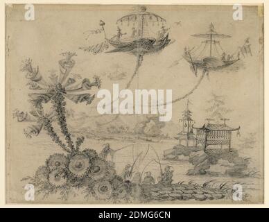 Chinoiserie Fantasy, Jean-Baptiste Pillement, französisch, 1728–1808, Graphit auf weißem Papier, Szene oben auf dem Blatt zeigt zwei fantastische Boote, die im Luftkampf tätig sind., Lyon, Frankreich, Frankreich, 1770–90, Grafikdesign, Zeichnung Stockfoto