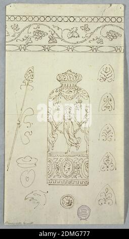 Ein Blatt mit zwei Projekten und Skizzen, Graphit, Stift und Tinte auf Papier, oben ein horizontaler Fries mit Weinrebendesign. In der Mitte, Erhebung einer Vase mit tanzenden Frauen. Umrissskizzen., Italien, ca. 1790, Ornament, Zeichnung Stockfoto