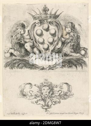Wappen des Großherzogs der Toskana: Ornament mit Löwenmaske, Nr. 6 aus 'Raccolta di varii cappriccii et nove inventioni di Cartelle et ornamenti', Stefano della Bella, italienisch, 1610–1664, Radierung auf Papier, Ornament mit Löwenmaske. Nr. 6 des gleichen Satzes wie -10, 'Raccolta di varii cappriccii,' usw., Italien, 1646, Druck Stockfoto