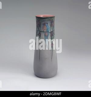 Vase, Rookwood Pottery, American, 1880 - 1967, earthenware, Four parrots resting on four branches also bearing flowers and leaves painted on a grey ground with dark pink on the interior. Colors light blue, shades of pink and green., Ohio, USA, 1917, ceramics, Decorative Arts, Vase Stock Photo