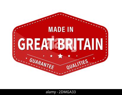 MADE IN GROSSBRITANNIEN, Qualität garantieren. Etikett, Aufkleber oder Marke. Vektorgrafik. Flacher Style. Stock Vektor