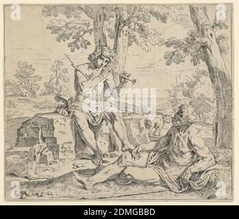 Mercury und Argus, Simone Cantarini, Italienisch, 1612 - 1648, Radierung auf Papier, Italien, ca. 1640, Drucken Stockfoto