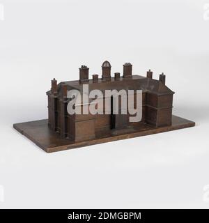 Sudbury Hall, Buntkiefer, Modell in Form von Sudbury Hall, Derbyshire, ein englisches Landhaus von c.. 1665-Anfang 1690er, ein Rechteck mit hervorstehenden zentralen ein- und Endflügeln, einer zentralen Kuppelkuppel und rechteckigen Schornsteinen am Hauptblock und zwei an jedem Ende, mit kleinen Dachfenstern über den beiden Etagen, durch eine Linie von Formteilen abgegrenzt., England, ca. 1660–90, Modelle und Prototypen, Dekorative Künste, Architekturmodell, Architekturmodell Stockfoto