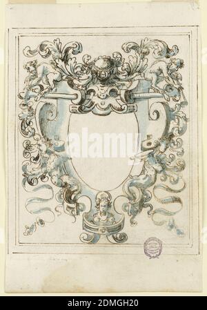 Groteskes Design, Kohle, Feder und Tinte, Pinsel und Aquarell auf Papier, groteskes Design mit Harpyien, Akanthus-Blättern und Satyrs umgibt ein Reservat., Italien, Anfang des 17. Jahrhunderts, Ornament, Zeichnung Stockfoto