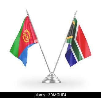 Südafrika und Eritrea Tischflaggen isoliert auf weißem 3D Rendering Stockfoto