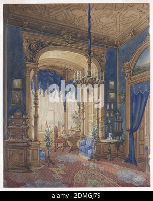 Nische im Salon der Großherzogin Anna von Mecklenburg-Schwerin, C. Rath, Österreicher, aktiv 19. Jahrhundert, Pinsel und Aquarell, Gouache, Goldfarbe auf weißem Webpapier, dieser Innenraum wird dominiert von königsblauen Wänden, tasselierten Fensterbemalungen und stark geschnitzten Decken- und Wandpaneelen. Ein orangefarbener Teppich ist mit islamischen Motiven dekoriert. Ein Eckschrank, ein Schreibtisch, Miniaturbilder und Topfpflanzen spiegeln ein Interieur im viktorianischen Stil wider., Österreich, 1877, Interieurs, Drawing Stockfoto