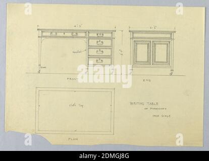 Design für rechteckige Schreibtisch auf Rollen in drei Ansichten, A.N. Davenport Co., Graphit auf dünnem cremefarbenen Papier, 1900–05, Möbel, Zeichnung Stockfoto