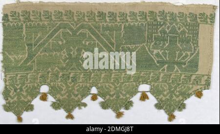 Fragment, Medium: silk on linen Technique: embroidered, Valance fragment with triangular points and a geometrical floral vine pattern. In green silk on linen., Greece, 19th century, embroidery & stitching, Fragment Stock Photo