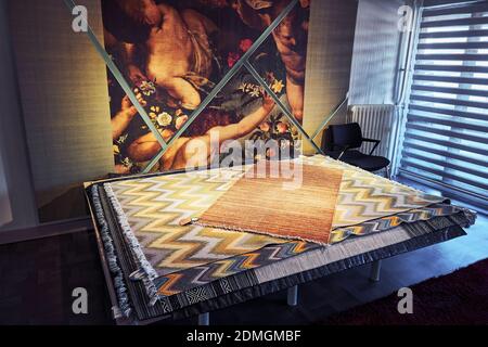 Ankara, Turkey - November, 2020: Carpets displayed in a carpet store showroom in Ankara, Turkey. Stock Photo