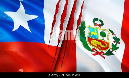 Chile und Peru Flaggen mit Narbenkonzept. Winkende Flagge, 3D-Rendering. Chile und Peru Konfliktkonzept. Chile Peru Beziehungen Konzept. Flagge von Chile und per Stockfoto