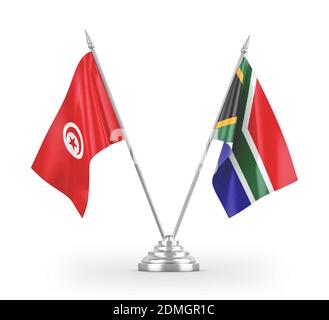 Südafrika und Tunesien Tischflaggen isoliert auf weißem 3D Rendering Stockfoto