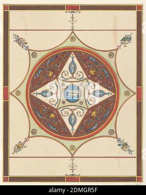 Design for a Painted Ceiling, Frederick Crace, Englisch, 1779–1859, Graphit, Stift und schwarze Tinte, und Aquarell auf gedecktem Papier, bemalte Decke mit kreisförmigem Zentrum, der einen kleineren Kreis mit zwei Figuren in klassischer Kleidung enthält. Achteckige Form umreißt den größeren Kreis, mit vier Trophäen an den oberen und unteren Punkten., 1815–22, Interieurs, Drawing Stockfoto