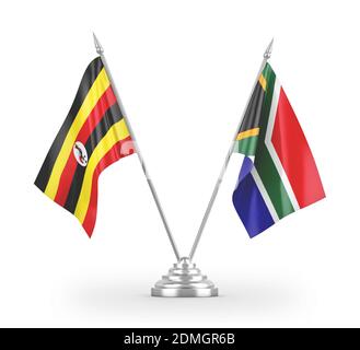 Südafrika und Uganda Tischflaggen isoliert auf weißem 3D Rendering Stockfoto