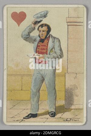 Jack of Hearts, E. Le Tellier, Französisch, aktiv Ende des 19. Jahrhunderts, B.P. Grimaud, Paris, Frankreich, Lithograph auf Papier, Jack of Hearts Spielkarte aus einem Satz von Transformations-Spielkarten. Eine männliche Figur, die in der Uniform eines Postboten gezeigt wird, seinen Hut hochhebt und einen Liebesbrief zur Lieferung trägt. Ein rotes Herz in der oberen linken Ecke., Paris, Frankreich, Ende des 19. Jahrhunderts, Spielzeuge & Spiele, Spielkarte, Spielkarte Stockfoto