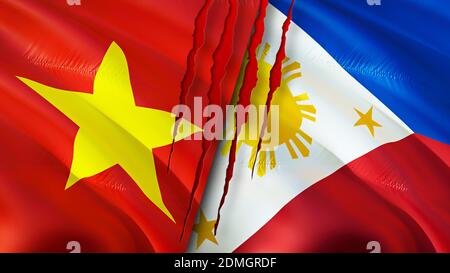 Vietnam und Philippinen Flaggen. 3D-Design mit wehenden Fahnen. Vietnam Philippinen Flagge, Bild, Tapete. Vietnam vs Philippinen Bild, 3D-Rendering. Vietnam Stockfoto