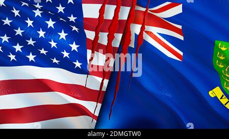 USA and British Virgin Islands flags with scar concept. Waving flag,3D rendering. USA and British Virgin Islands conflict concept. USA British Virgin Stock Photo