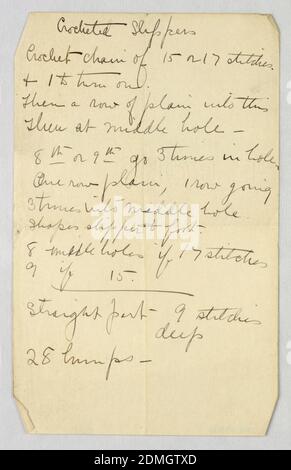 Manuscript Page with Instructions for Crocheting Slippers, A.N. Davenport Co., Pen and black ink on cream wove ledger paper, 1900–05, furniture, Handwritten Note, Handwritten Note Stock Photo