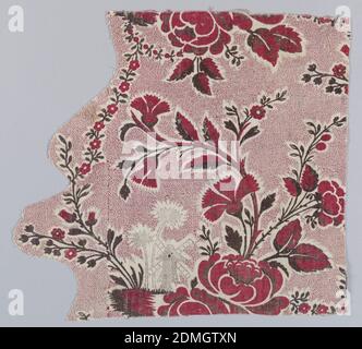 Textil, Medium: Leinenkarp, Baumwoll-Schusstechnik: Block bedruckt auf Leinwandbindung, handgeblockte Textilien in unvollständigem Blumenmuster in verrückten Farben rot und braun von Blumensprays. Aufwendige Picotage Hintergrund in rot, und in Sepia, ein Picotage-Design von Windmühle und Blumen., Frankreich, ca. 1760, bedruckte, gefärbte & bemalte Textilien, Textil Stockfoto