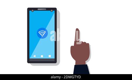 Smartphone mit WiFi-Symbol und Hand Vektor Illustration.Technologie conecting mit Telefonkonzept.Gerät mit menschlicher Hand Stockfoto