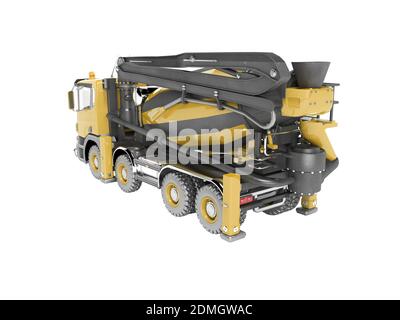 Gelber LKW-Mischer mit Pumpe für Beton mit Förderband Isoliertes 3D-Rendering auf weißem Hintergrund ohne Schatten Stockfoto