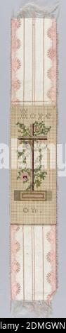 Bookmark, Medium: silk, paper, wool Technique: compound weave (ribbon) and wool embroidery on punched paper, Bookmark of pink and white brocaded ribbon is mounted with an embroidered card worked in wool thread. Design of a cross with flower wreaths and the legend: 'Hope On.' Tan, green and pale pink., Coventry, England, 19th century, woven textiles, Bookmark Stock Photo