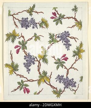 Blumenmuster für bedruckte Textilien, Louis-Albert DuBois, Schweizer, 1752–1818, Pinsel und Gouache, Graphit auf weißem Webpapier, lila Flieder, grüne und gelbe Blätter auf braunen Zweigen auf weißem Grund., Frankreich, 1800–1818, Textildesigns, Zeichnung Stockfoto