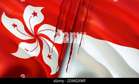 Hong Kong und Indonesien Flaggen mit Narbenkonzept. Winkende Flagge, 3D-Rendering. Hongkong und Indonesien Konfliktkonzept. Hongkong Indonesien Beziehungen kontra Stockfoto