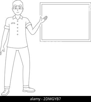 Guy zeigt mit der Hand auf ein leeres Whiteboard, ein Mann zeigt einen Bericht. Vektorgrafik im Cartoon-Stil isoliert auf weißem Hintergrund. Stock Vektor