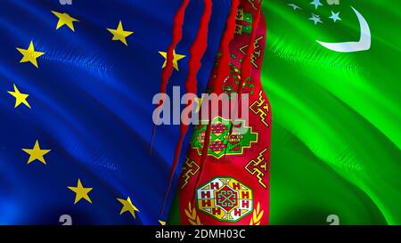 Flaggen der Europäischen Union und Turkmenistan mit Narbenkonzept. Winkende Flagge, 3D-Rendering. Konfliktkonzept der Europäischen Union und Turkmenistan. Europäische Union Tu Stockfoto