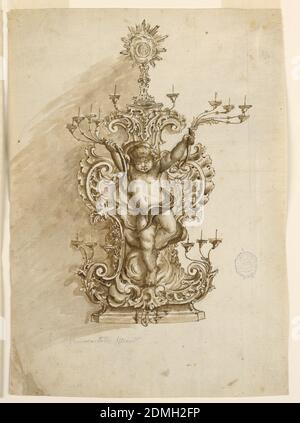 Design für eine Monstrance, Stift und Tinte, Pinsel und waschen auf Papier, Engel steht auf einem Fuß, hält vier Leuchter Arme in jeder Hand. Scrollende Muscheln auf beiden Seiten., Italien, Mitte 18. Jahrhundert, Metallarbeiten, Zeichnung Stockfoto