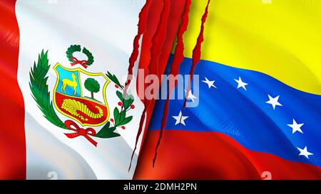 Peru and Venezuela flags with scar concept. Waving flag,3D rendering. Peru and Venezuela conflict concept. Peru Venezuela relations concept. flag of P Stock Photo