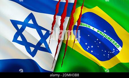 Israel und Brasilien Flaggen mit Narbenkonzept. Winkende Flagge, 3D-Rendering. Israel und Brasilien Konfliktkonzept. Israel Brasilien Beziehungen Konzept. Flagge von Isra Stockfoto