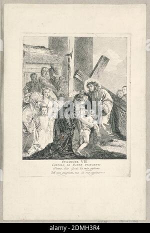 Via Crucis - Station VIII, Er tröstet die weinenden Frauen, Giovanni Domenico Tiepolo, Italienisch, 1727 – 1804, Radieren auf cremefarbenem Papier gelegt, nur Staat, Italien, ca. 1749, Drucken Stockfoto