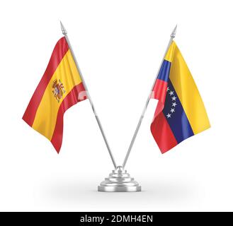 Venezuela und Spanien Tischflags isoliert auf weißem 3D-Rendering Stockfoto